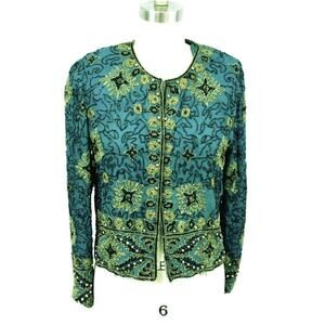 Vintage Sequin Beads Studs Jacket Papell Long Line Silk Evening Teal S 1994